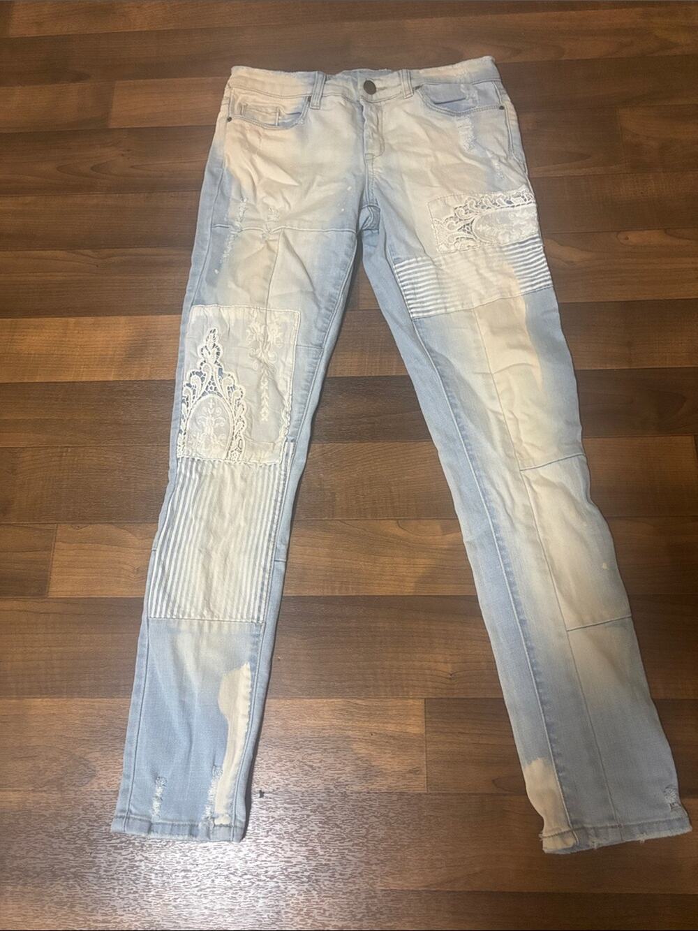 Blank NYC Shibby  Patchwork Stretch Skinny Jeans 27 Light Blue Statement Modern